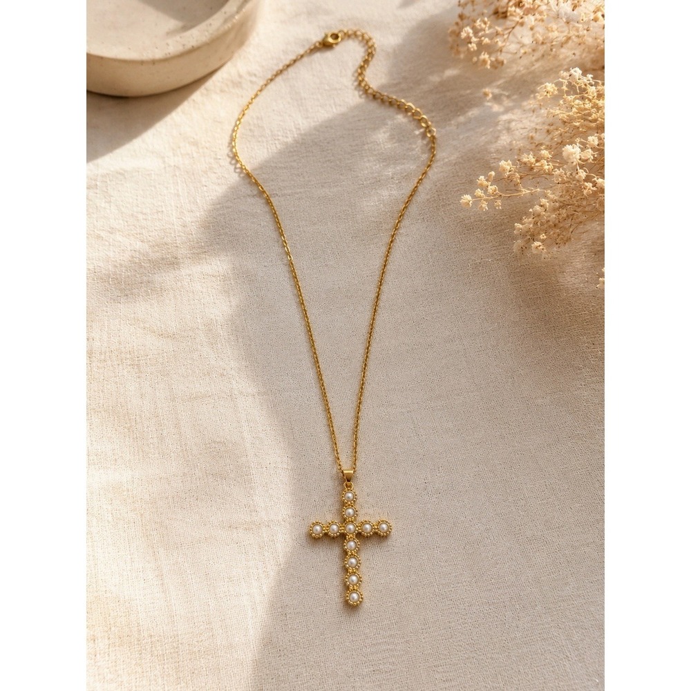 Gold Tone Cross Necklace | Stainless Steel | Hypoallergenic Waterproof Christian